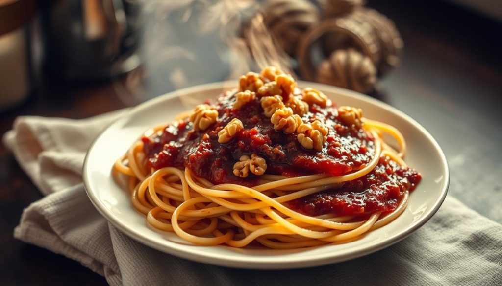 Rotwein Spaghetti mit Walnüssen