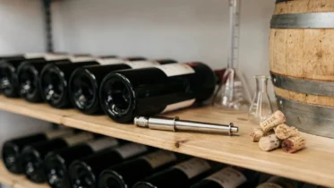 Weinflaschen, Eichenfass und Kellereizubehör zum Thema glutenfreier Wein